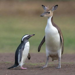 A small Kancil deer with the body of a penguin, striking an elegant balance between the smooth fins of a penguin and the slender legs of a deer