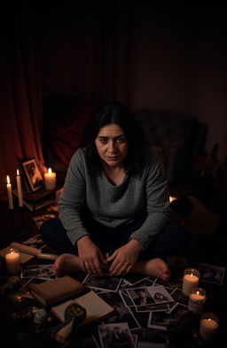 An emotional portrait of a person sitting alone in a dimly lit room, surrounded by scattered photographs that symbolize their traumatic past