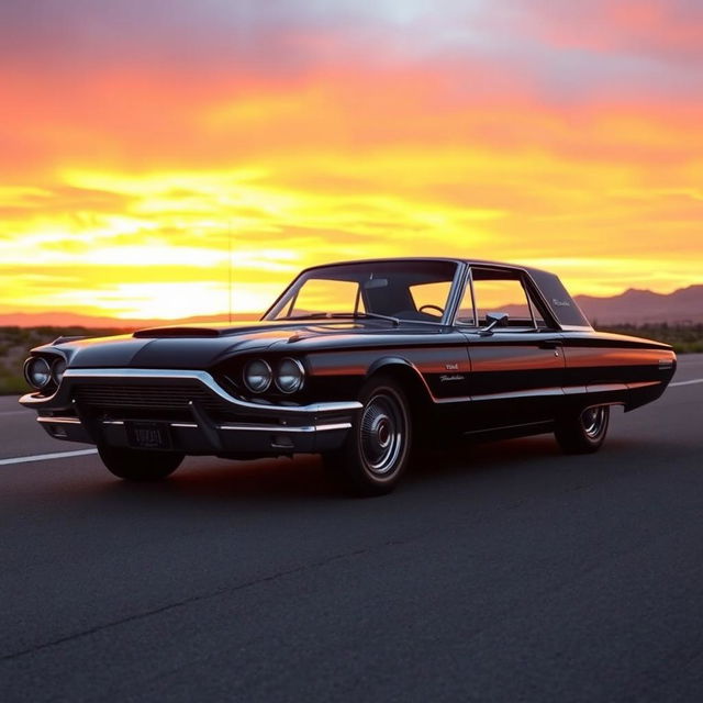 A sleek, black 1965 Ford Thunderbird muscle car parked on an empty highway at sunset