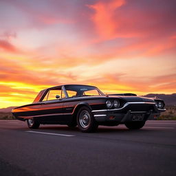 A sleek, black 1965 Ford Thunderbird muscle car parked on an empty highway at sunset