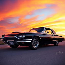 A sleek, black 1965 Ford Thunderbird muscle car parked on an empty highway at sunset