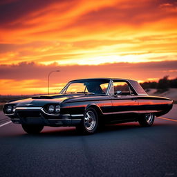 A sleek, black 1965 Ford Thunderbird muscle car parked on an empty highway at sunset