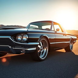 A sleek black 1965 Ford Thunderbird, showcasing its iconic muscle car design, parked on a sunlit open road