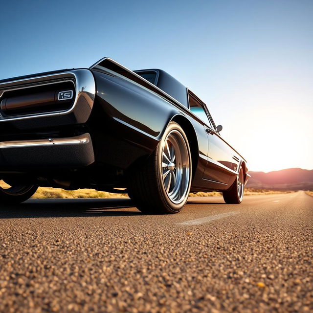 A sleek black 1965 Ford Thunderbird, showcasing its iconic muscle car design, parked on a sunlit open road