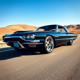 A sleek black 1965 Ford Thunderbird, showcasing its iconic muscle car design, parked on a sunlit open road