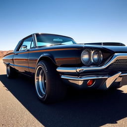 A sleek black 1965 Ford Thunderbird, showcasing its iconic muscle car design, parked on a sunlit open road