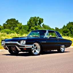 A sleek black 1965 Ford Thunderbird muscle car parked on a scenic street