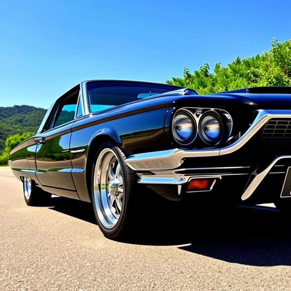 A sleek black 1965 Ford Thunderbird muscle car parked on a scenic street