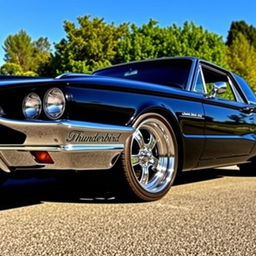 A sleek black 1965 Ford Thunderbird muscle car parked on a scenic street