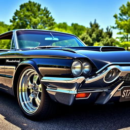 A sleek black 1965 Ford Thunderbird muscle car parked on a scenic street