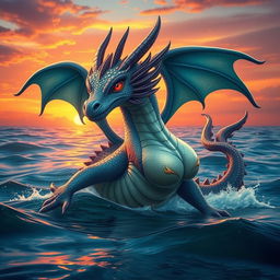 A beautiful Bakunawa, a mythical sea dragon from Filipino folklore, depicted with alluring features and large, striking breasts