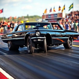 A stunning black 1965 Ford Thunderbird drag car, featuring sleek aerodynamic lines and a glossy finish
