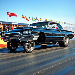 A stunning black 1965 Ford Thunderbird drag car, featuring sleek aerodynamic lines and a glossy finish