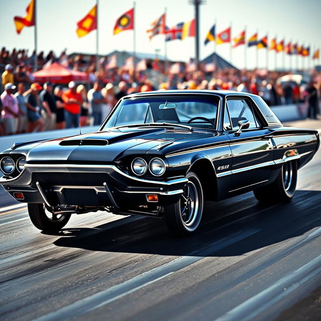 A stunning black 1965 Ford Thunderbird drag car, featuring sleek aerodynamic lines and a glossy finish