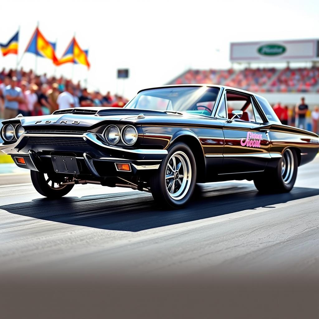 A stunning black 1965 Ford Thunderbird drag car, featuring sleek aerodynamic lines and a glossy finish