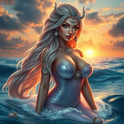 A stunningly beautiful Bakunawa appearing as a woman with alluring features and large, prominent breasts