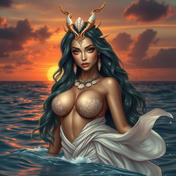 A stunningly beautiful Bakunawa appearing as a woman with alluring features and large, prominent breasts