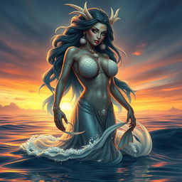 A stunningly beautiful Bakunawa appearing as a woman with alluring features and large, prominent breasts