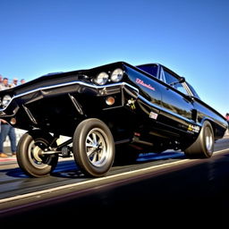 A black 1965 Ford Thunderbird drag car, showcasing a powerful stance with oversized rear wheels, gleaming in the sunlight