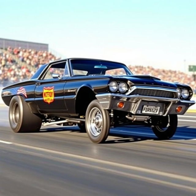 A black 1965 Ford Thunderbird drag car, showcasing a powerful stance with oversized rear wheels, gleaming in the sunlight