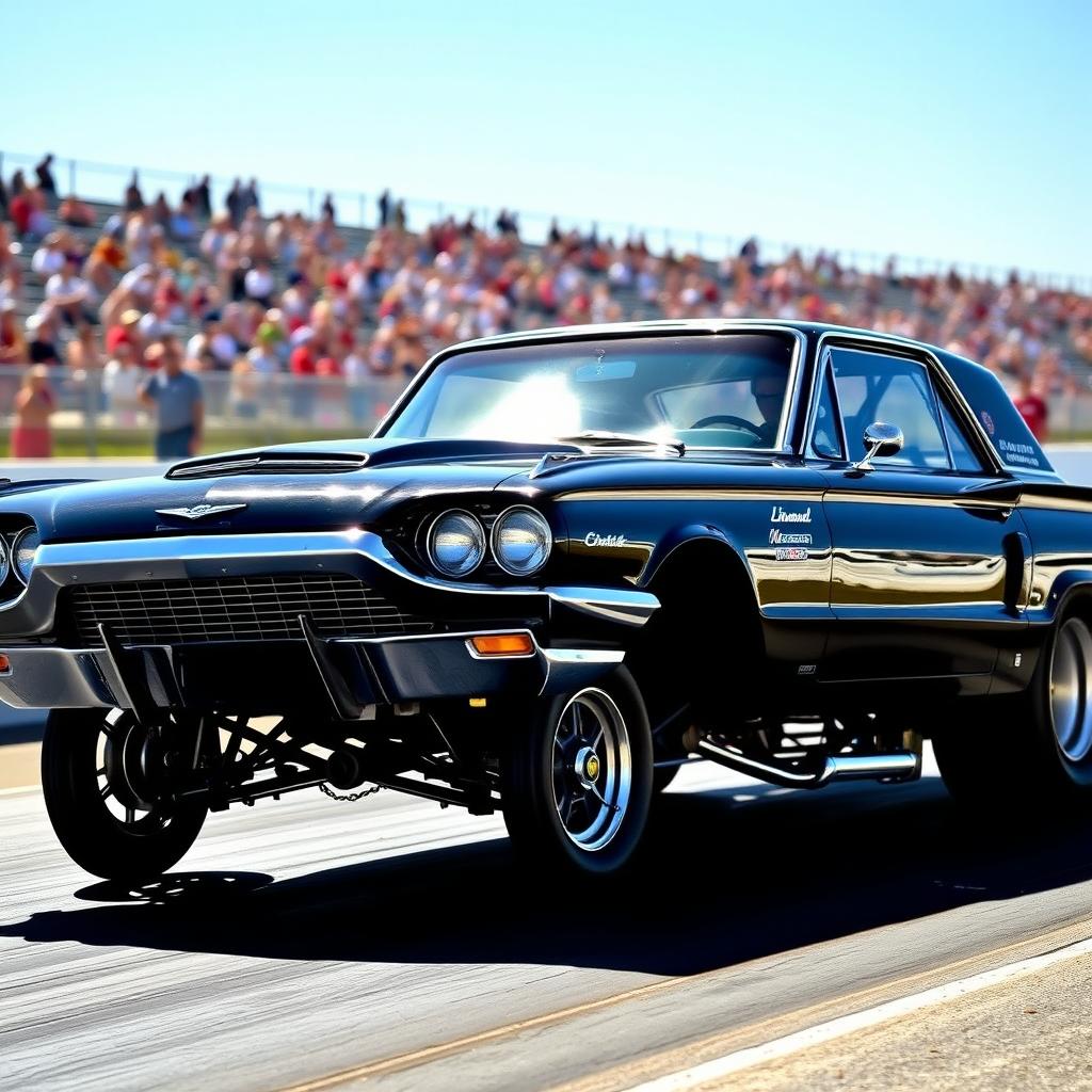 A black 1965 Ford Thunderbird drag car, showcasing a powerful stance with oversized rear wheels, gleaming in the sunlight