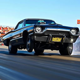 A black 1965 Ford Thunderbird drag car, showcasing a powerful stance with oversized rear wheels, gleaming in the sunlight