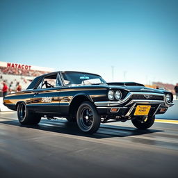 A black 1965 Ford Thunderbird drag car parked on a racing strip, showcasing its powerful stance with oversized wheels