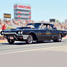 A black 1965 Ford Thunderbird drag car parked on a racing strip, showcasing its powerful stance with oversized wheels
