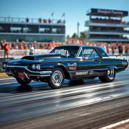 A black 1965 Ford Thunderbird drag car parked on a racing strip, showcasing its powerful stance with oversized wheels