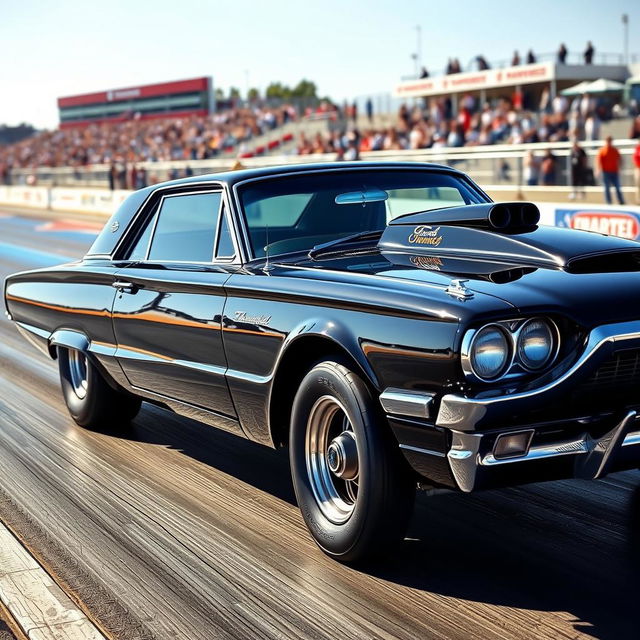 A black 1965 Ford Thunderbird drag car parked on a racing strip, showcasing its powerful stance with oversized wheels