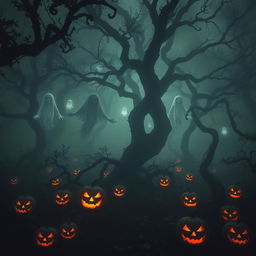 A terrifying forest scene shrouded in dark shadows and thick fog, with imposing, twisted trees that loom overhead
