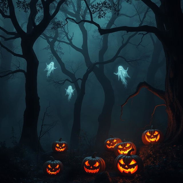 A terrifying forest scene shrouded in dark shadows and thick fog, with imposing, twisted trees that loom overhead