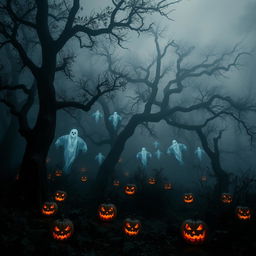 A terrifying forest scene shrouded in dark shadows and thick fog, with imposing, twisted trees that loom overhead