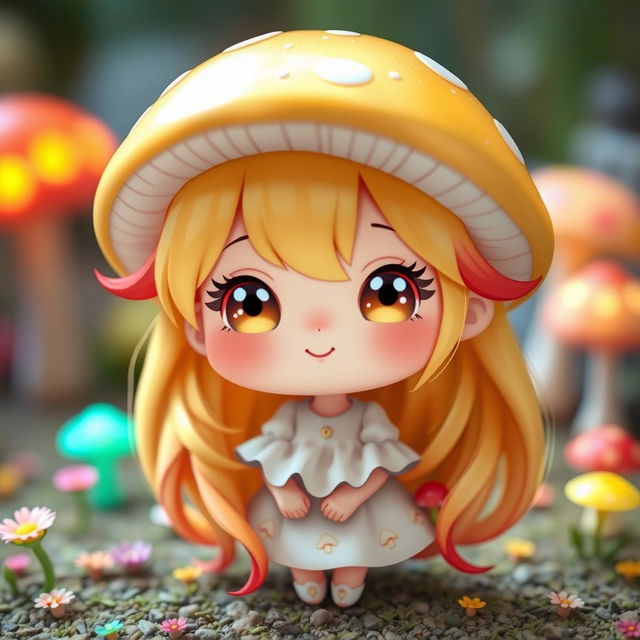 A cute chibi-style mushroom girl with an adorable and whimsical appearance