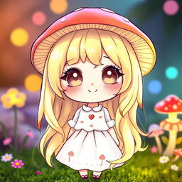 A cute chibi-style mushroom girl with an adorable and whimsical appearance