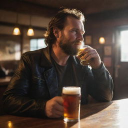 A rugged biker sipping beer in a dimly-lit bar, with sunlight streaming in, creating a vibrant sun glare