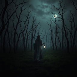 A dark and misty forest, entirely devoid of grass, filled with eerily twisted dead trees that create an unsettling environment