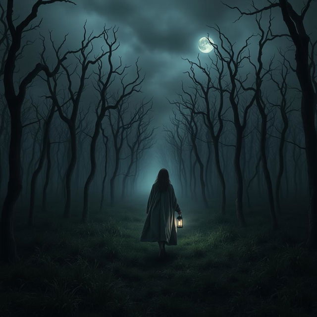 A dark and misty forest, entirely devoid of grass, filled with eerily twisted dead trees that create an unsettling environment