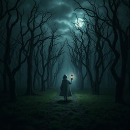 A dark and misty forest, entirely devoid of grass, filled with eerily twisted dead trees that create an unsettling environment