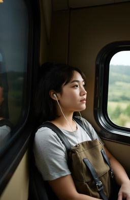 A young woman sitting inside a train, looking out the window with a thoughtful expression
