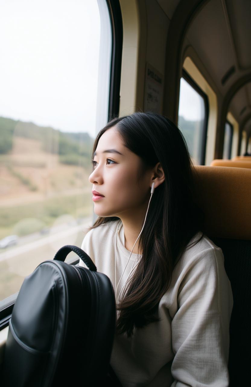 A young woman sitting inside a train, looking out the window with a thoughtful expression