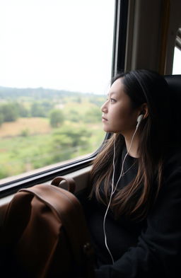 A young woman sitting inside a train, looking out the window with a thoughtful expression