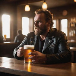 A rugged biker sipping beer in a dimly-lit bar, with sunlight streaming in, creating a vibrant sun glare