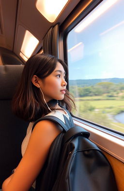 A young woman sitting inside a train, looking out the window with a thoughtful expression
