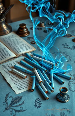 A stunning visual representation of a poetry collection inspired by the theme of blue cigarettes, featuring an artistic arrangement of blue-hued cigarettes scattered across an elegant, vintage-style table
