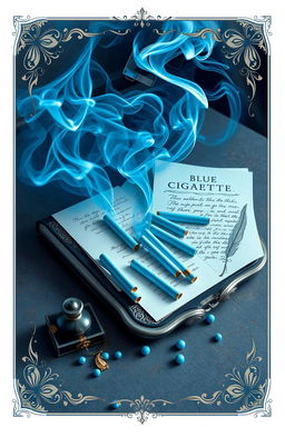 A stunning visual representation of a poetry collection inspired by the theme of blue cigarettes, featuring an artistic arrangement of blue-hued cigarettes scattered across an elegant, vintage-style table
