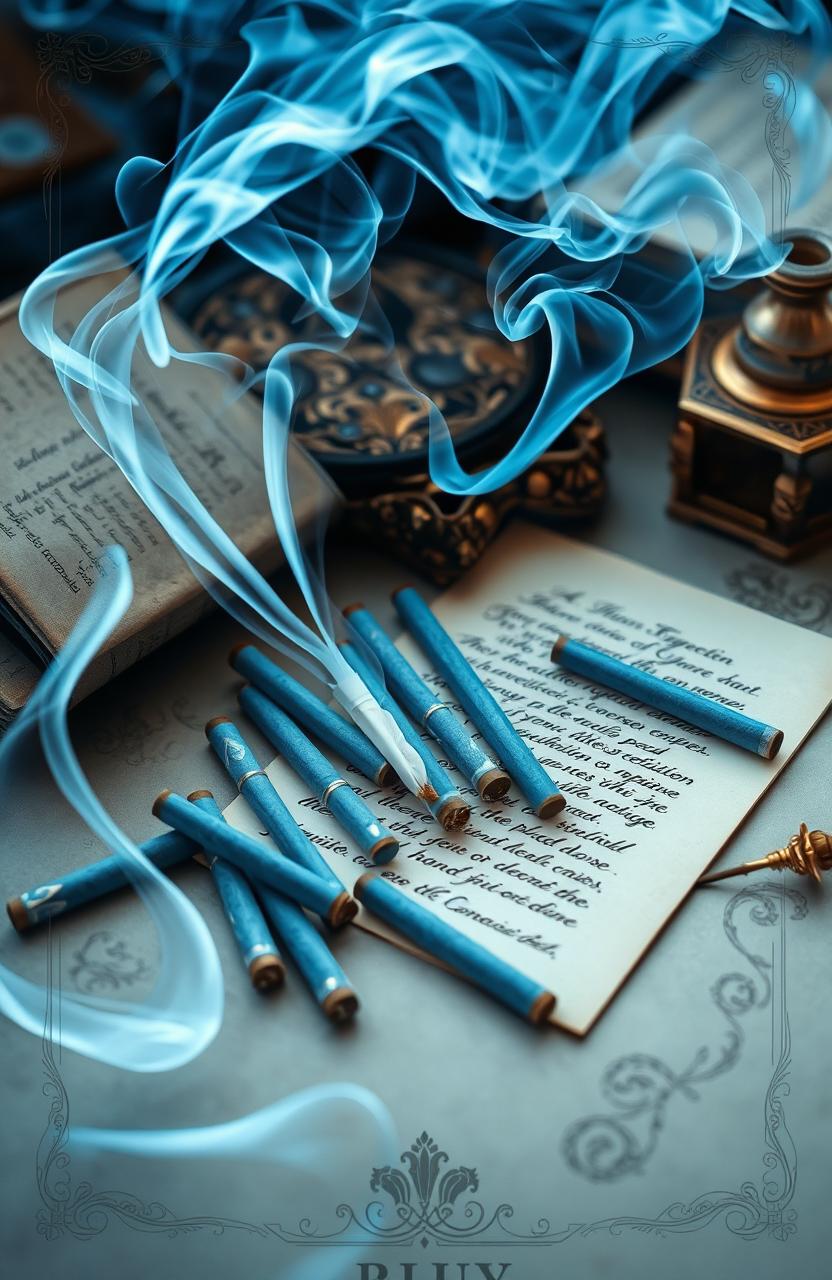 A stunning visual representation of a poetry collection inspired by the theme of blue cigarettes, featuring an artistic arrangement of blue-hued cigarettes scattered across an elegant, vintage-style table