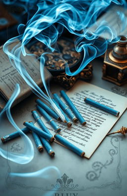 A stunning visual representation of a poetry collection inspired by the theme of blue cigarettes, featuring an artistic arrangement of blue-hued cigarettes scattered across an elegant, vintage-style table