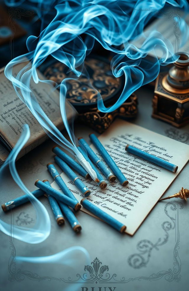 A stunning visual representation of a poetry collection inspired by the theme of blue cigarettes, featuring an artistic arrangement of blue-hued cigarettes scattered across an elegant, vintage-style table