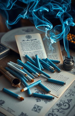 A stunning visual representation of a poetry collection inspired by the theme of blue cigarettes, featuring an artistic arrangement of blue-hued cigarettes scattered across an elegant, vintage-style table